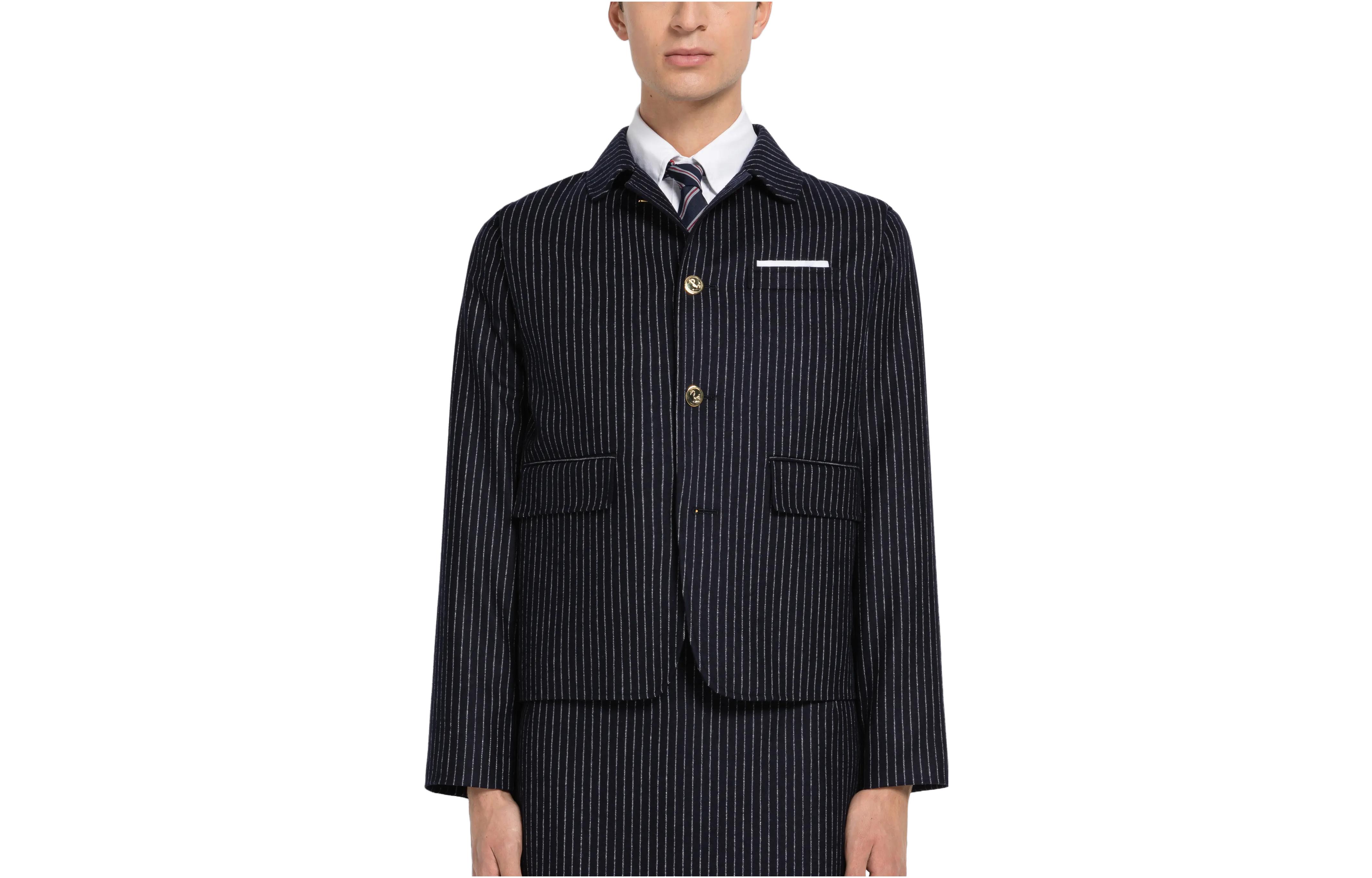 Thom Browne SS23 Striped Collar Button-Up Long Sleeve Jacket Navy MJU523A-F0036-415