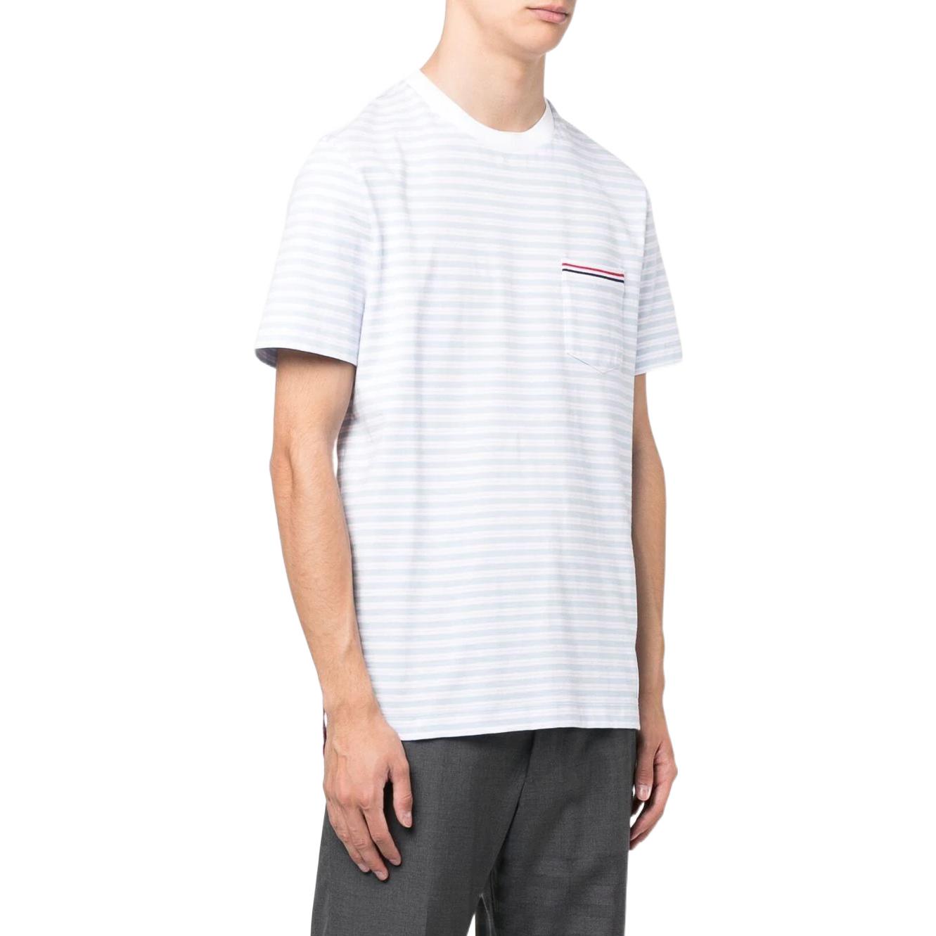 Purchase 톰 브라운 SS23 스트라이프 크루넥 반팔 티셔츠 화이트/블루 티 MJS205A-J0053-452