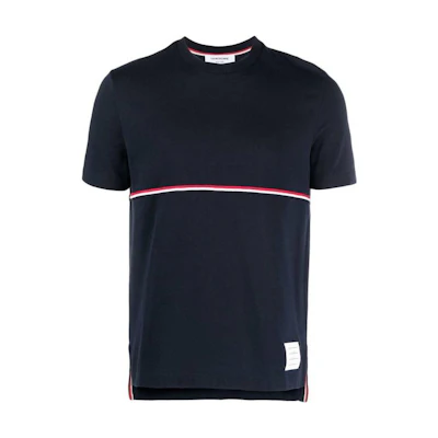 THOM BROWNE SS23 Striped Crewneck Slim Fit Short Sleeve T-Shirt Navy Summer Tee MJS221A-J0058-415