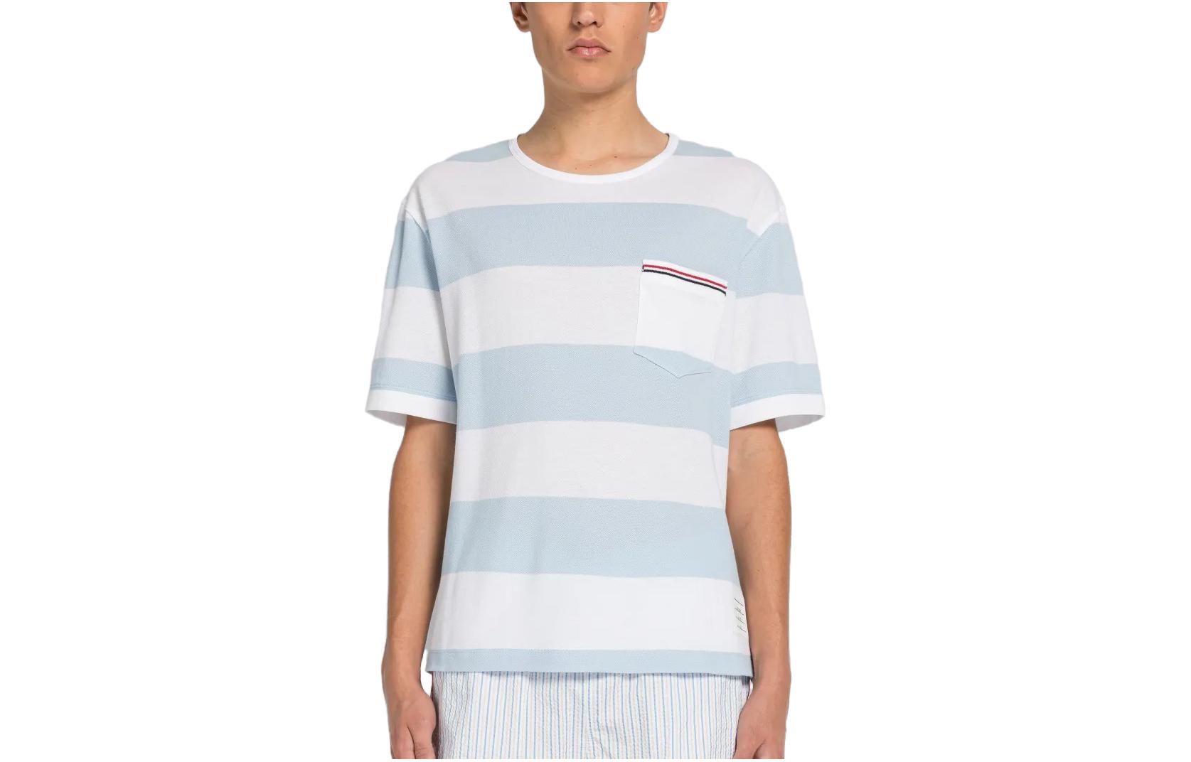 THOM BROWNE SS23 Striped Detail Crewneck Short Sleeve T-Shirt Men’s Blue. MJS201A-J0049-452