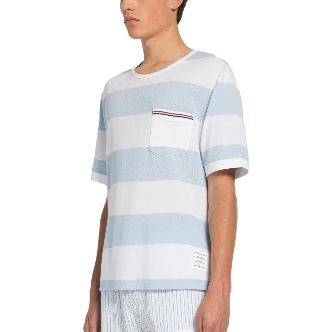 Details for Camiseta Azul Hombre THOM BROWNE SS23 Cuello Redondo Manga Corta Detalle Rayas. MJS201A-J0049-452