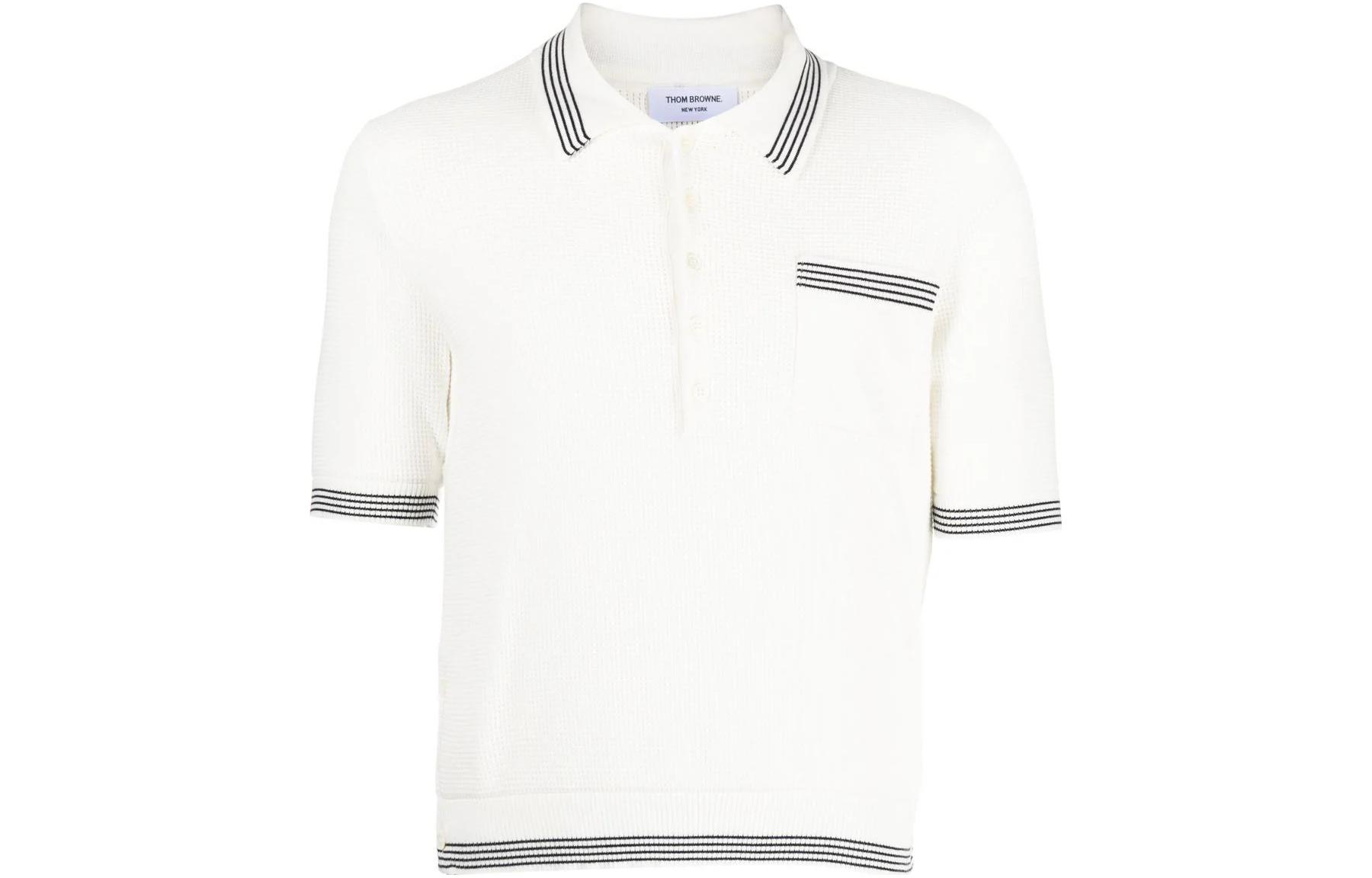 THOM BROWNE SS23 Striped Detail Short Sleeve Polo Shirt  White MKP085A-Y3006-100