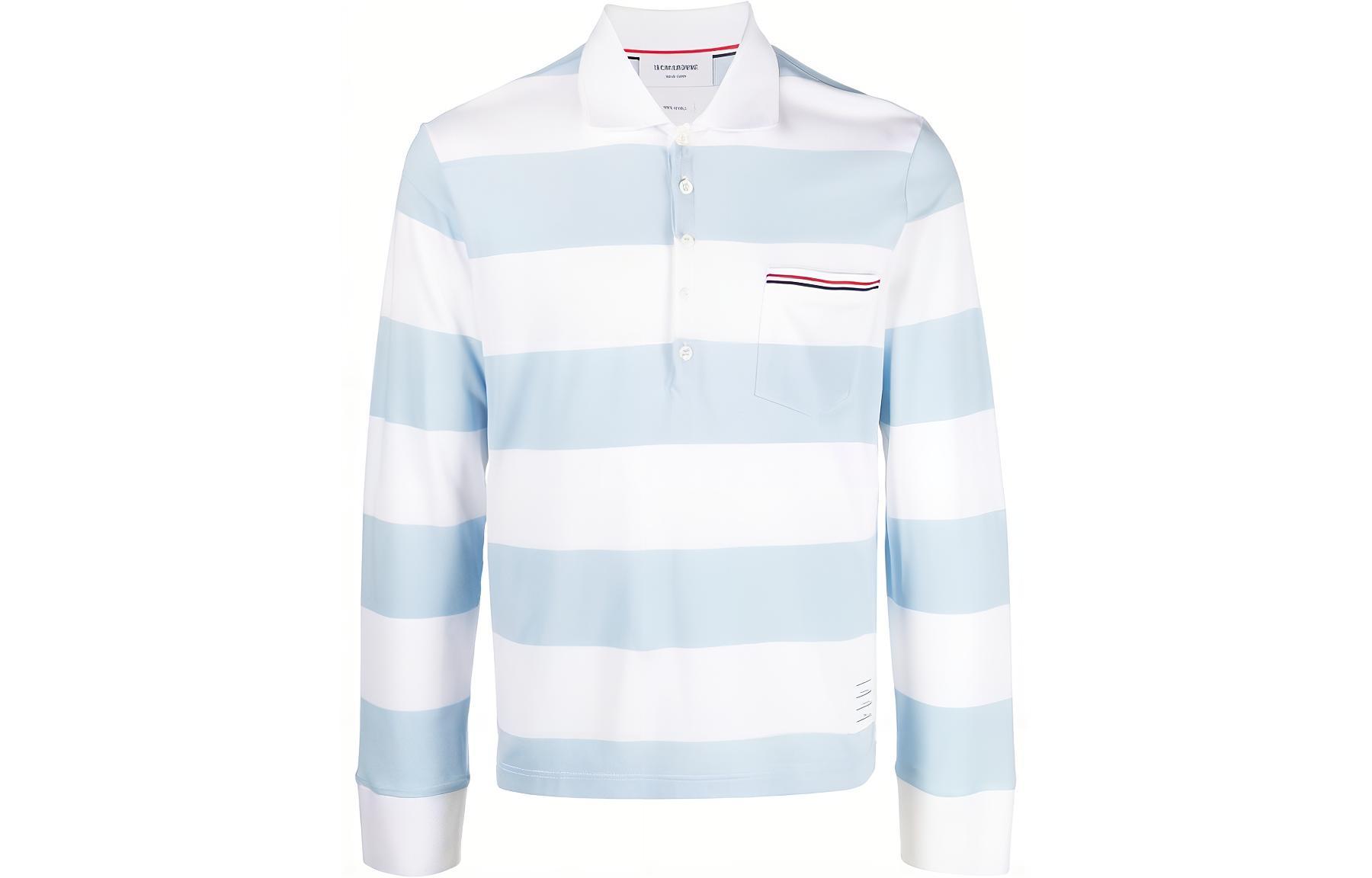 THOM BROWNE SS23 Striped Print Long Sleeve Polo Shirt Men Blue White Stripes MJP167A-J0049-452