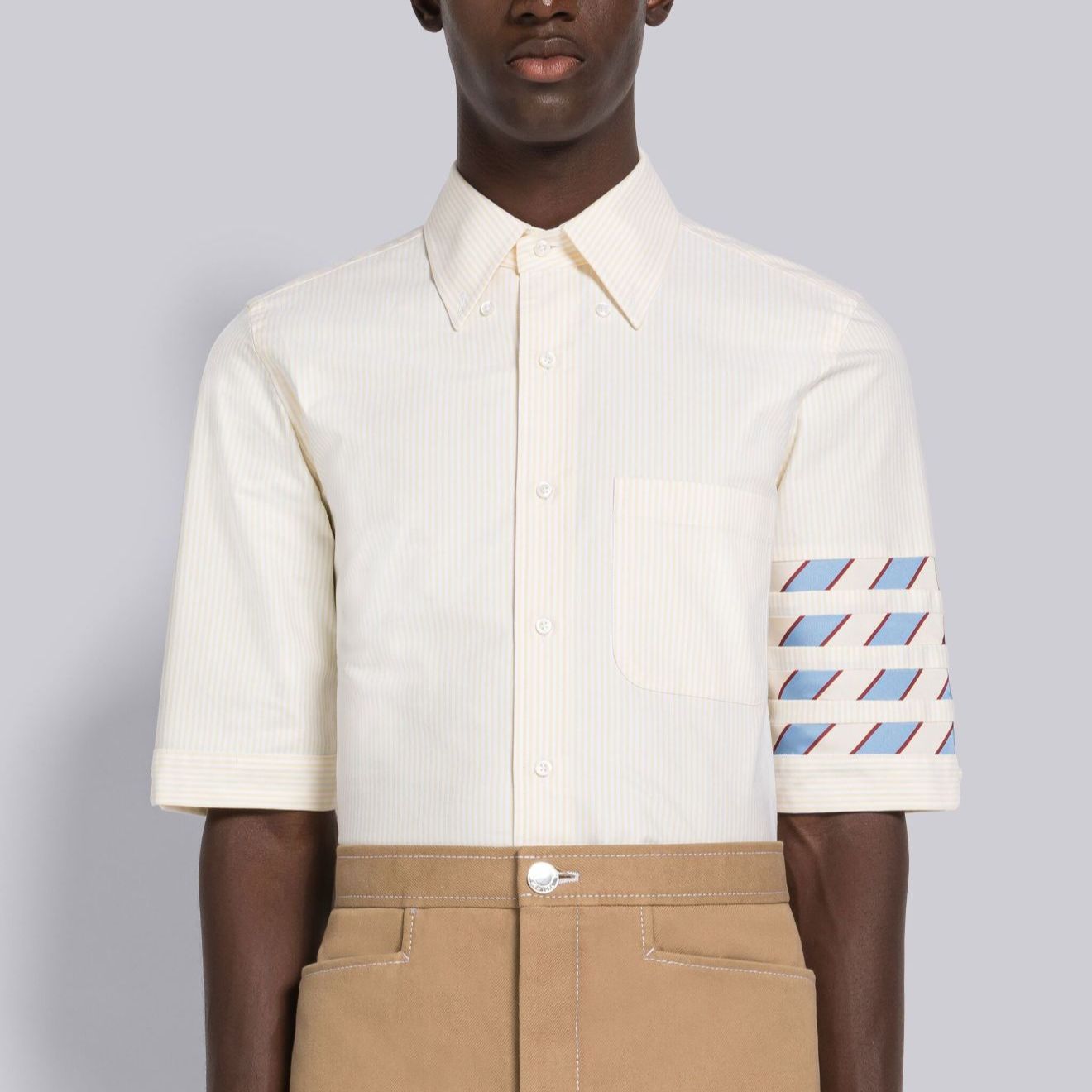THOM BROWNE SS23 Striped Single-Breasted Shirt Beige  Summer Back-to-School MWS256A-00098-740 圖 7