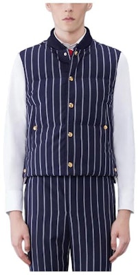 Thom Browne SS24 Blue Striped Single-Breasted Down Vest. MVD015Y-F0518-415 Buy Thom Browne SS24 Blue Striped Single-Breasted Down Vest. MVD015Y-F0518-415