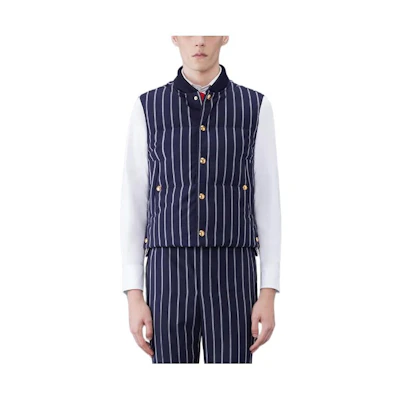 Thom Browne SS24 Blue Striped Single-Breasted Down Vest. MVD015Y-F0518-415