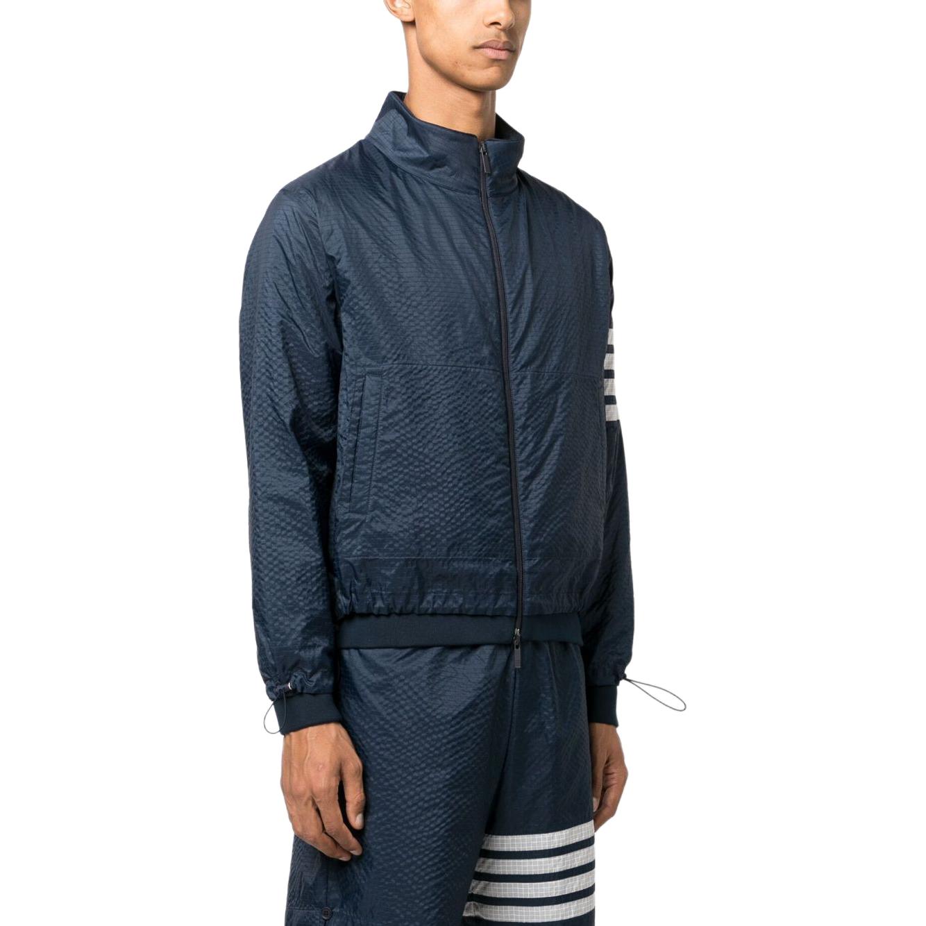 Shop THOM BROWNE SS24  Classic 4-Stripe Zip Jacket Blue Long Sleeve Top. MJT425A-F0517-415