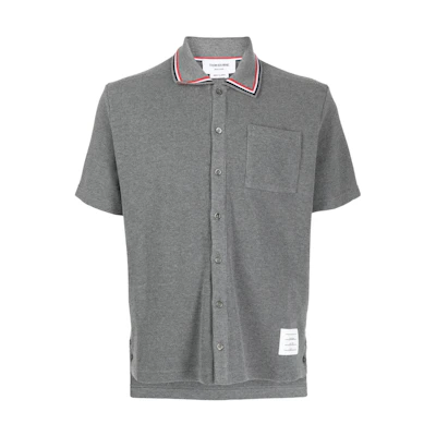 Thom Browne SS24 Gray Striped Short-Sleeve Shirt with Notched Collar. MJS241A-J0114-035