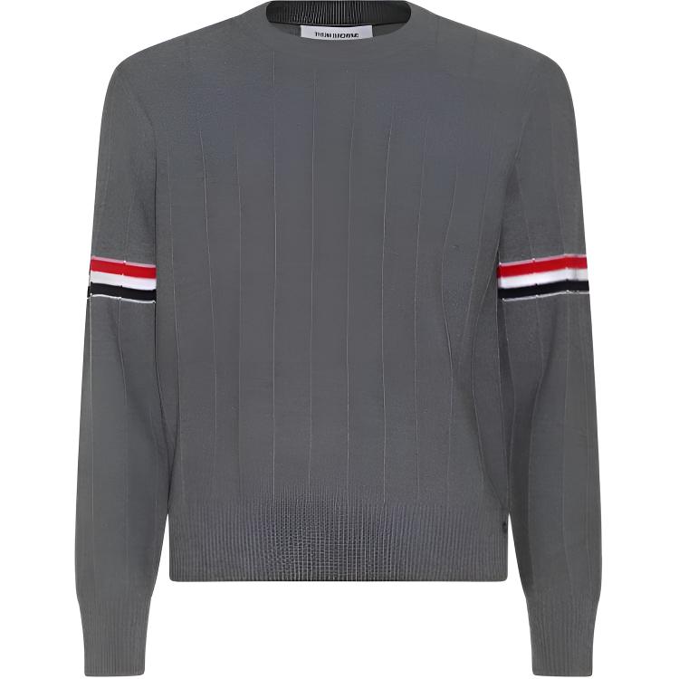 Thom Browne SS24  Grey Merino Wool Crewneck Sweater with Arm Stripes. MKA496A-Y1002-035