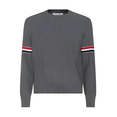 Thom Browne SS24 Grey Merino Wool Crewneck Sweater with Arm Stripes. MKA496A-Y1002-035