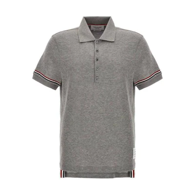 THOM BROWNE SS24 Grey Polo Shirt with Cuff Striped Detail. MJP193A-J0129-035