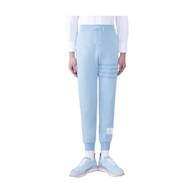 THOM BROWNE SS24 Light Blue 4-Bar Logo Knitted Joggers. MJQ160A-J0051-480