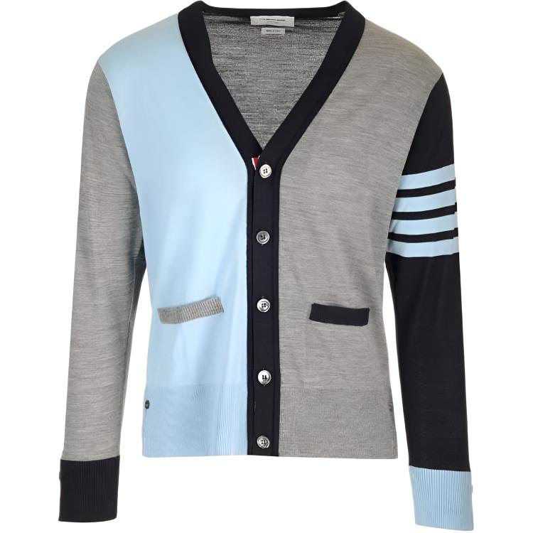 Thom Browne SS24  Merino Wool V-Neck Cardigan, 4-Stripes Gray Blue. MKC002F-Y1014-480