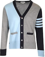 Thom Browne SS24 Merino Wool V-Neck Cardigan, 4-Stripes Gray Blue. MKC002F-Y1014-480 Thom Browne SS24 Merino Wool V-Neck Cardigan, 4-Stripes Gray Blue. MKC002F-Y1014-480