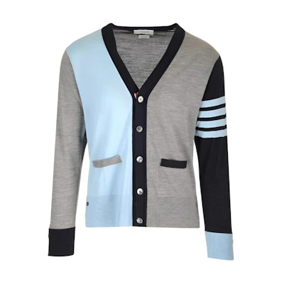 Thom Browne SS24 Merino Wool V-Neck Cardigan, 4-Stripes Gray Blue. MKC002F-Y1014-480