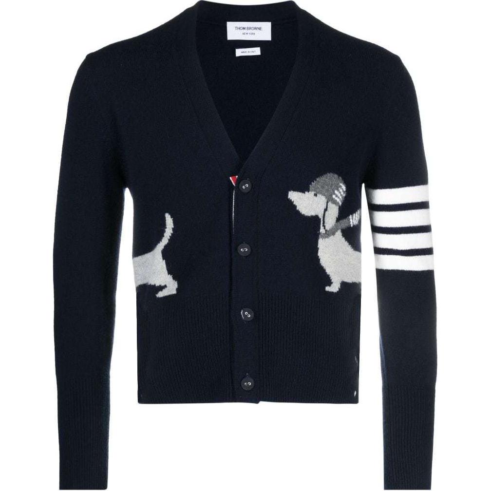 Thom Browne SS24  Navy 4-Stripe Dog Print Slim Fit Cardigan Sweater. MKC524A-Y1030-415