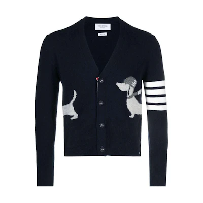 Thom Browne SS24 Navy 4-Stripe Dog Print Slim Fit Cardigan Sweater. MKC524A-Y1030-415