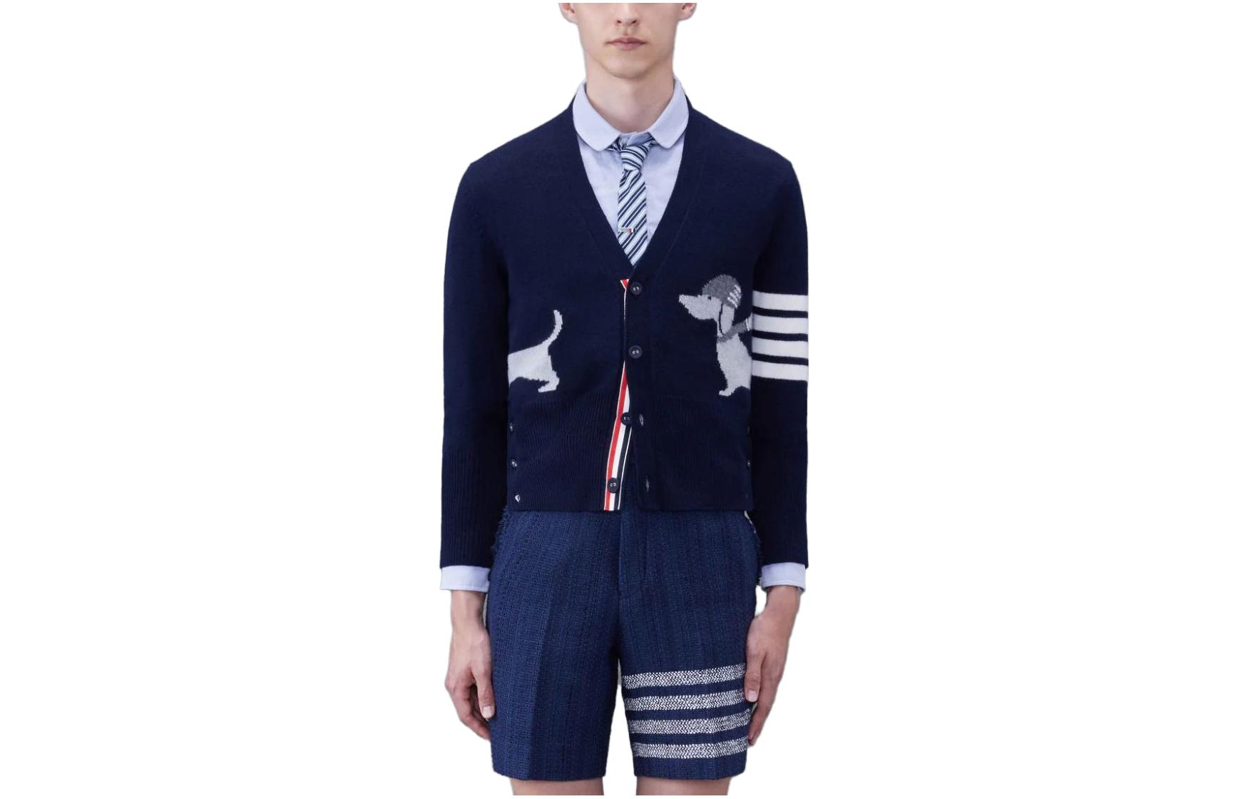 Order Thom Browne SS24  Navy 4-Stripe Dog Print Slim Fit Cardigan Sweater. MKC524A-Y1030-415