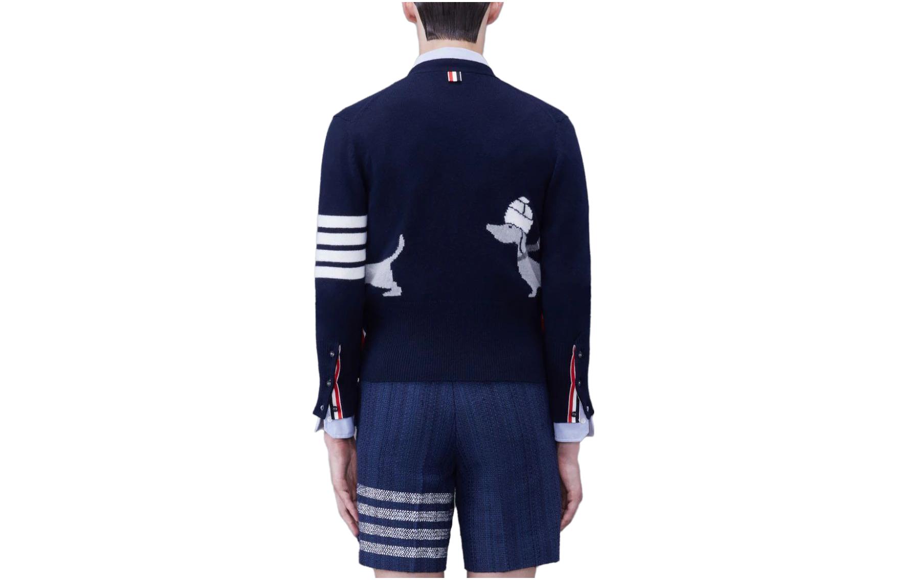 Lookbook Thom Browne SS24  Navy 4-Stripe Dog Print Slim Fit Cardigan Sweater. MKC524A-Y1030-415