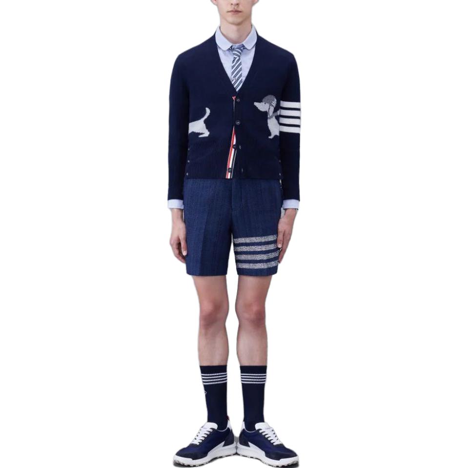 Shop Thom Browne SS24  Navy 4-Stripe Dog Print Slim Fit Cardigan Sweater. MKC524A-Y1030-415