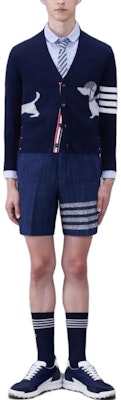 Thom Browne SS24 Navy 4-Stripe Dog Print Slim Fit Cardigan Sweater. MKC524A-Y1030-415 Shop Thom Browne SS24 Navy 4-Stripe Dog Print Slim Fit Cardigan Sweater. MKC524A-Y1030-415