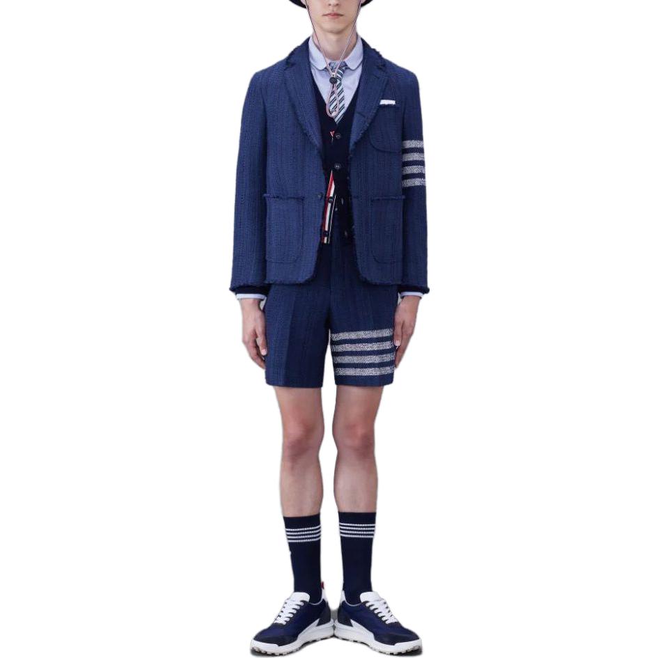 Purchase Thom Browne SS24  Navy 4-Stripe Dog Print Slim Fit Cardigan Sweater. MKC524A-Y1030-415