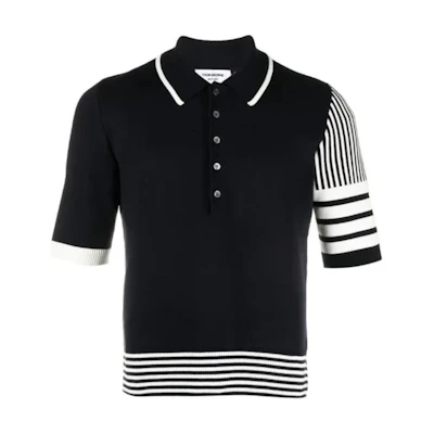 Thom Browne SS24 Navy Blue Striped Polo Shirt Short Sleeve Fit. MKP113F-Y3007-415