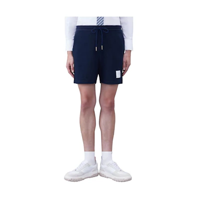 THOM BROWNE SS24 Navy Blue Textured Cotton Casual Shorts. MJQ188A-J0114-415