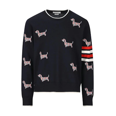 THOM BROWNE SS24 Navy Merino Wool Animal Print Striped Crewneck Sweater MKA490B-Y1002-415