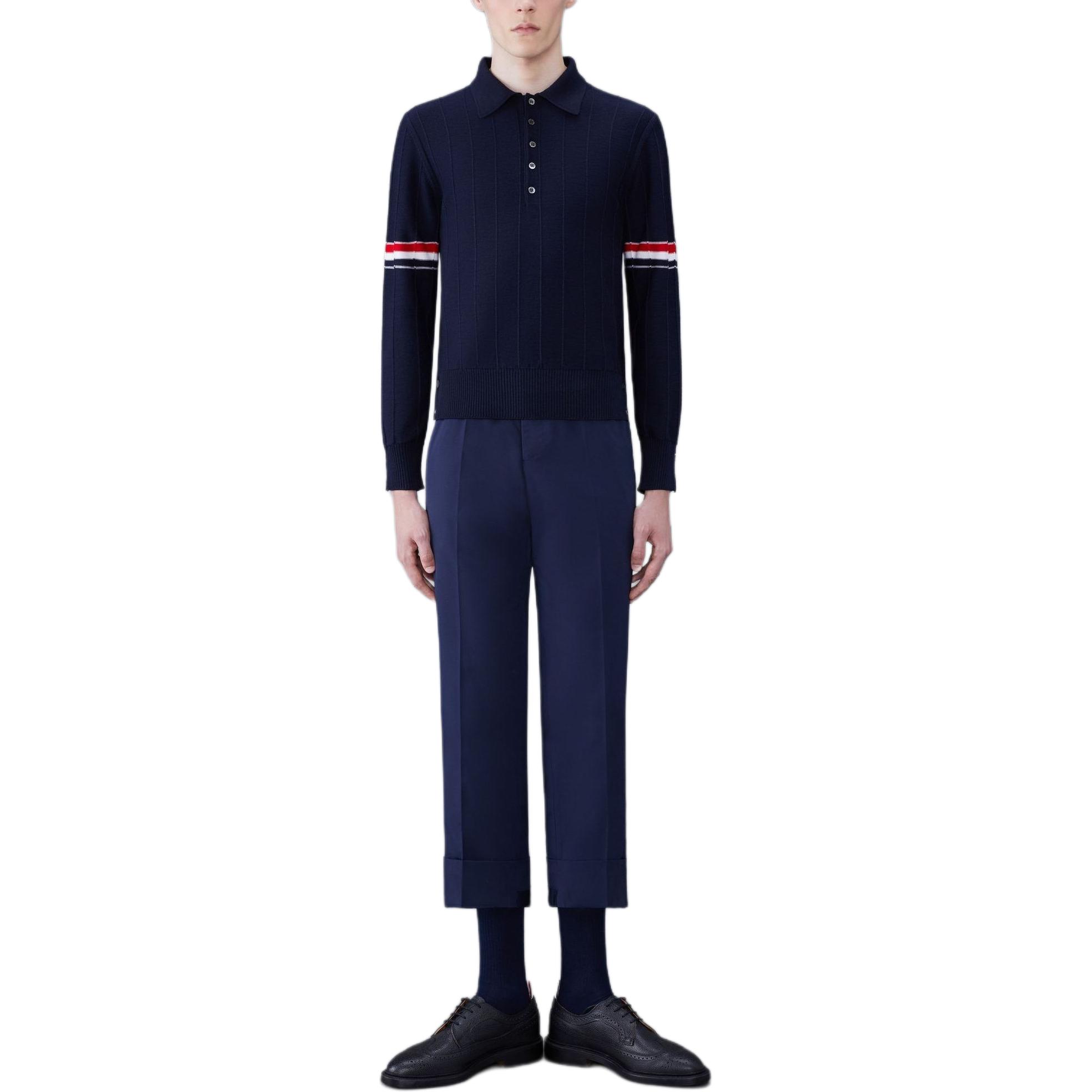Thom Browne SS24  Navy Wool Long Sleeve Polo Shirt with Three Stripes. MKP108A-Y1002-415 圖 4