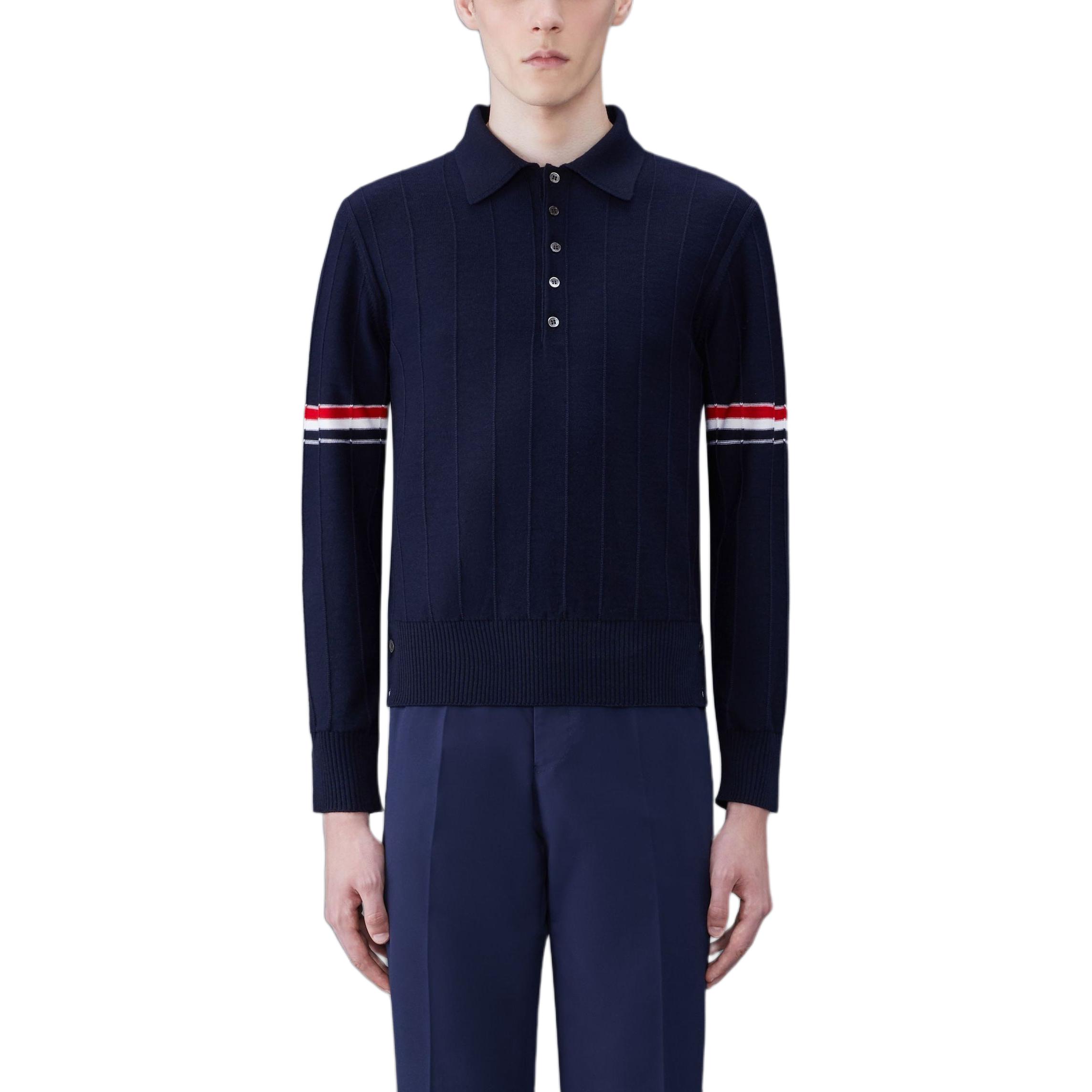 Thom Browne SS24  Navy Wool Long Sleeve Polo Shirt with Three Stripes. MKP108A-Y1002-415 圖 5