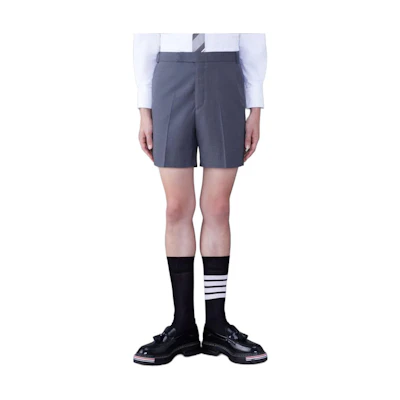THOM BROWNE SS24 Solid Grey Relaxed Fit Zipper Shorts in Dark Grey. MTC217A-00626-025