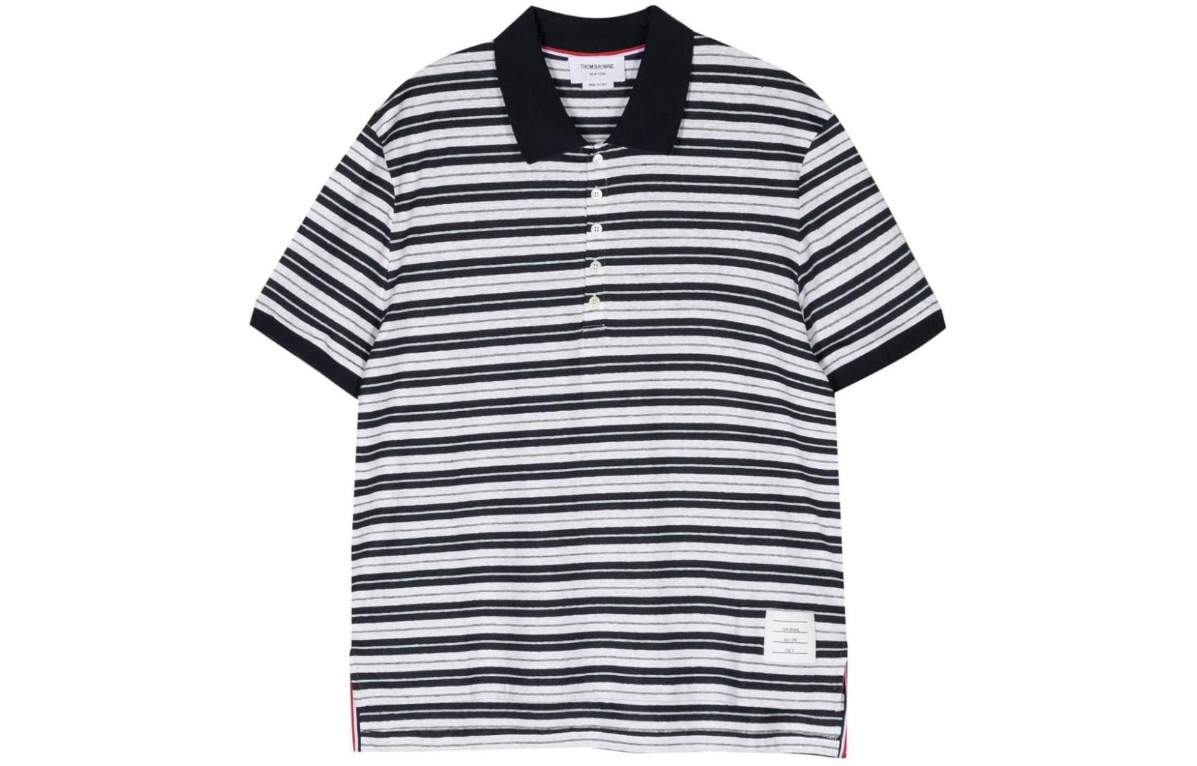 THOM BROWNE SS24  Striped Color Block Polo Shirt Black White Short Sleeve MJP191A-J0120-415