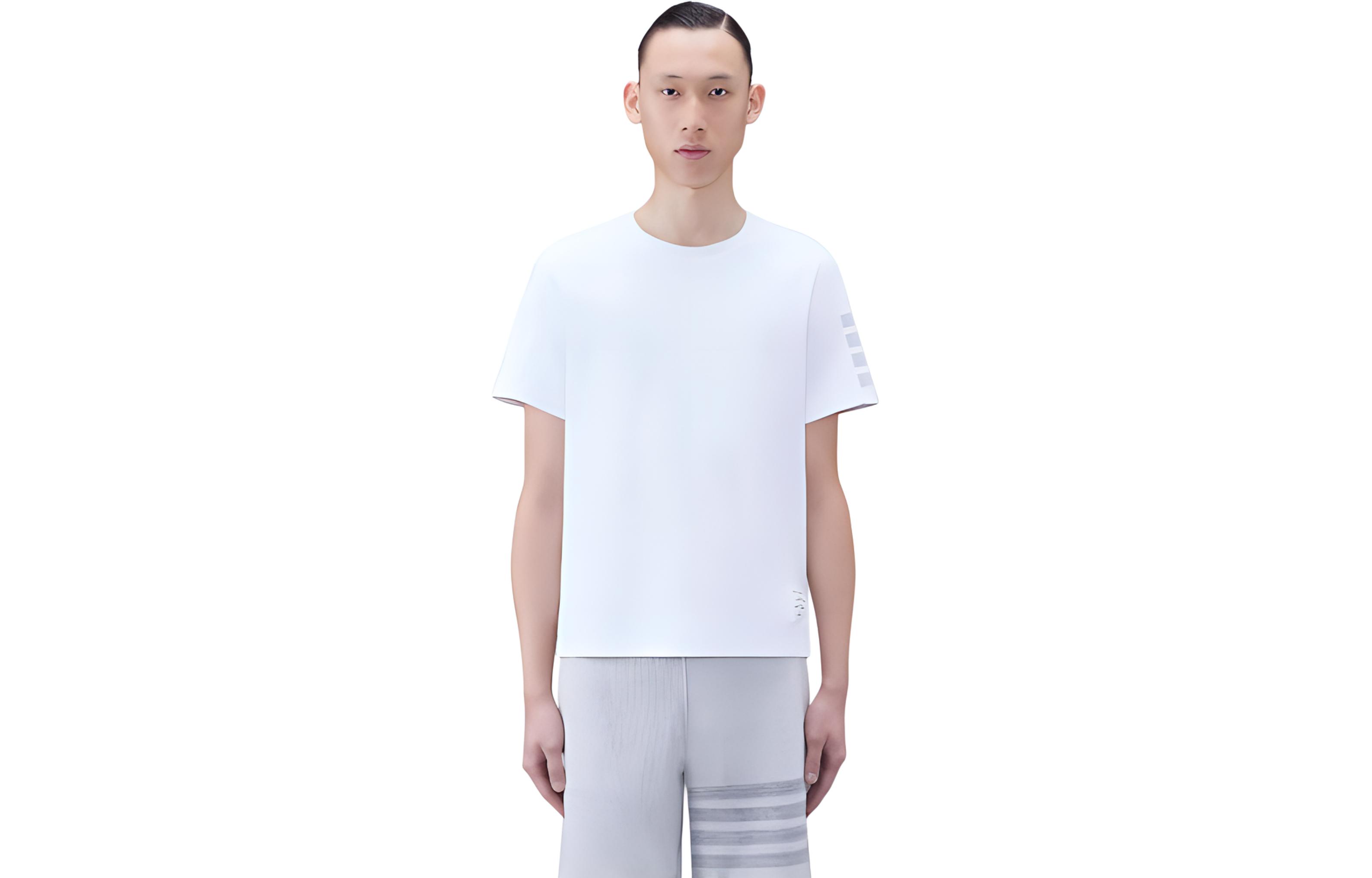 THOM BROWNE SS24  White 4-Bar Stripe Crewneck T-Shirt. MJS246A-07323-100