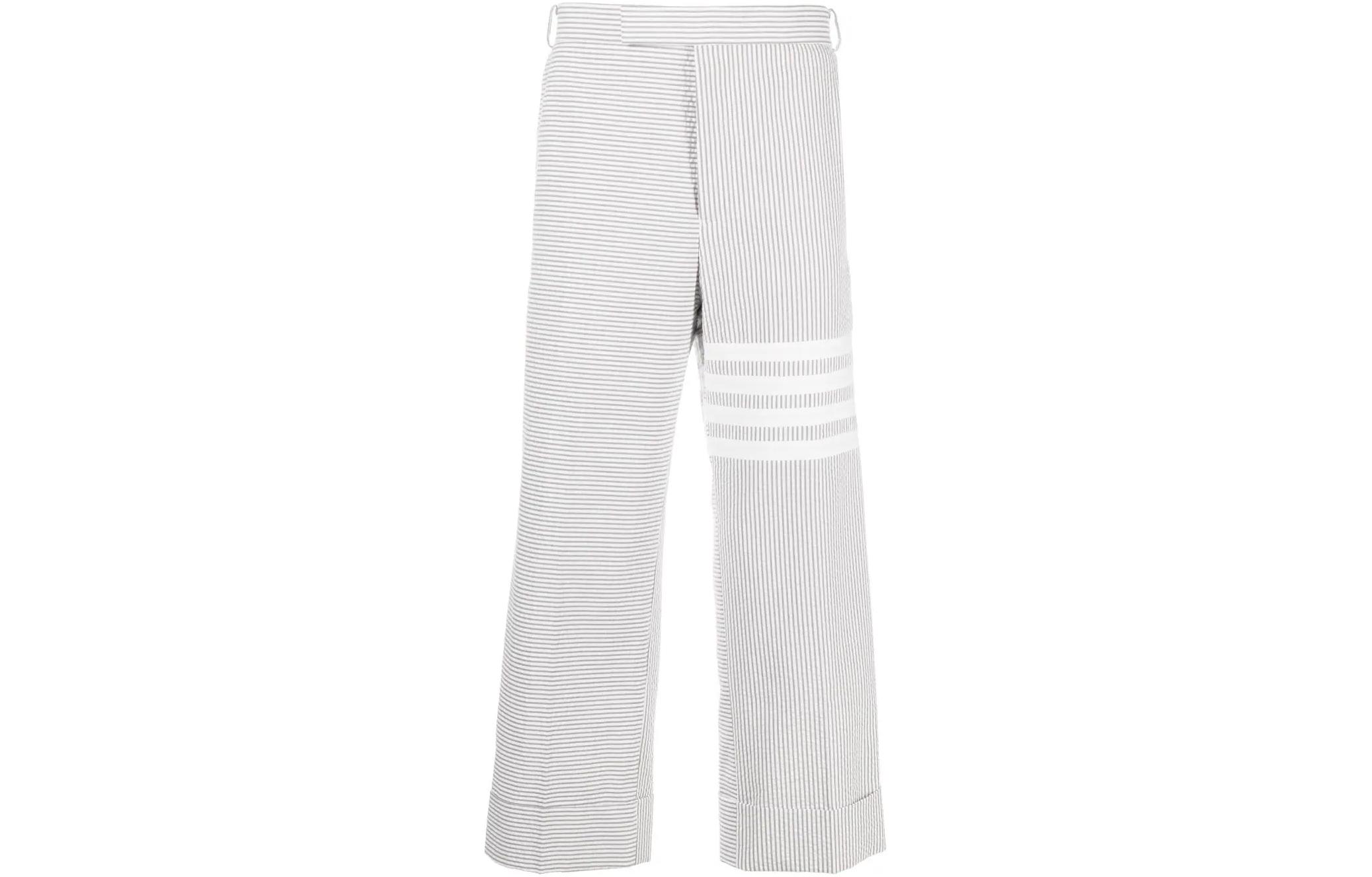 THOM BROWNE SS24  White Classic Four-Stripe Print Straight-Leg Pants. MTC223F00572035