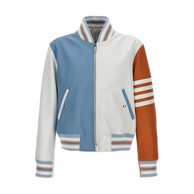 Thom Browne SS24 Classic 4-Stripe Colorblock Leather Bomber Jacket Multicolor MJO217F-06241-100