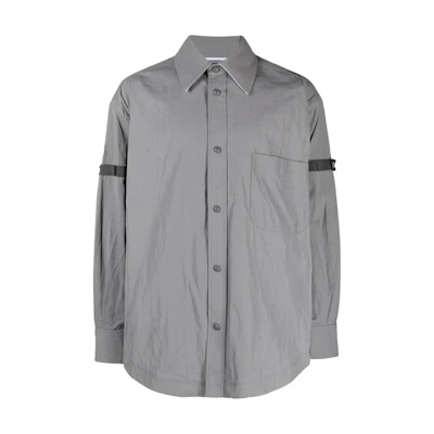 THOM BROWNE SS24 Gray Striped Button-Up Relaxed Fit Long Sleeve Shirt for Men. MJO165O-F0496-055