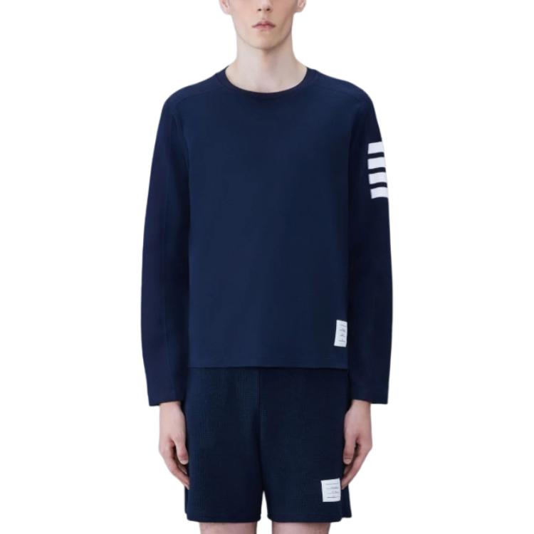 Shop 톰브라운 SS24 아이비 보이 클래식 4-바 니트 크루넥 긴팔 티셔츠 네이비 블루 남성. MJS245A-07323-415