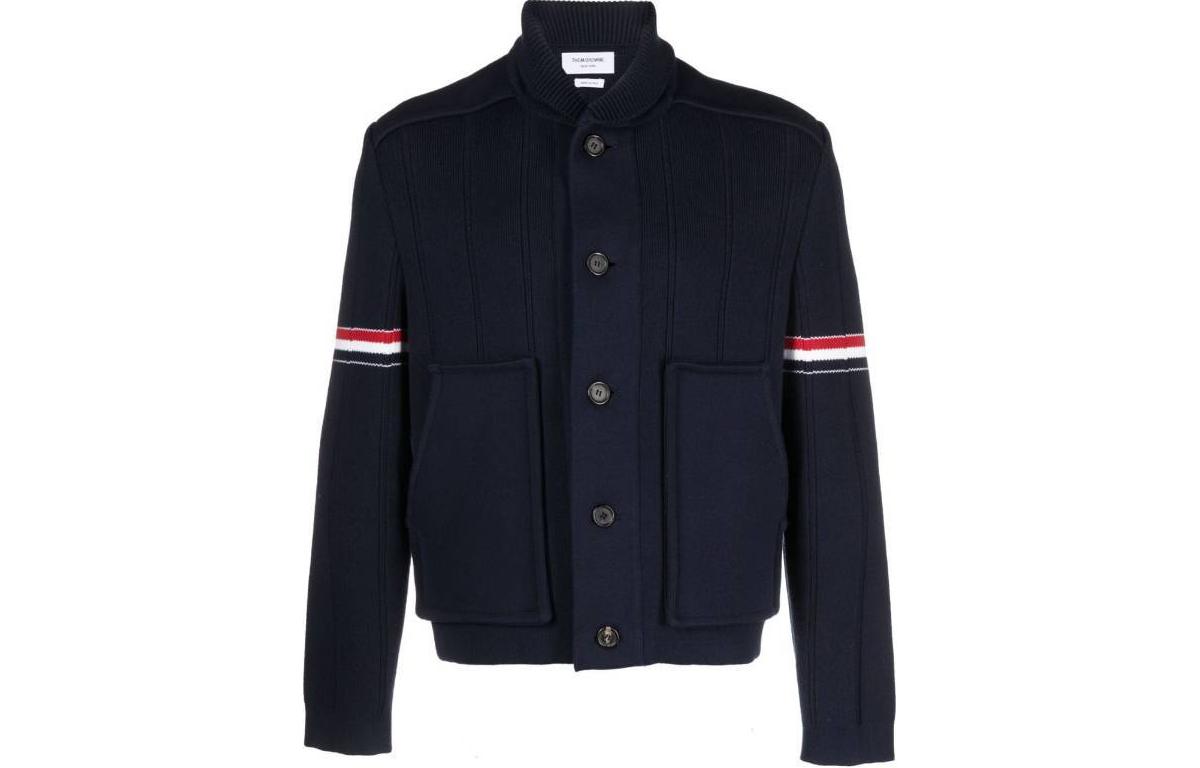 Thom Browne SS24 Navy Wool Blend Stripe Sleeve Single-Breasted Jacket MKJ113A-Y3028-415
