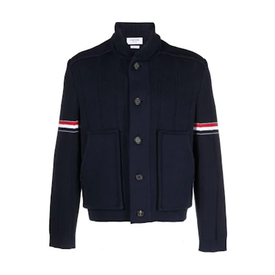Thom Browne SS24 Navy Wool Blend Stripe Sleeve Single-Breasted Jacket MKJ113A-Y3028-415