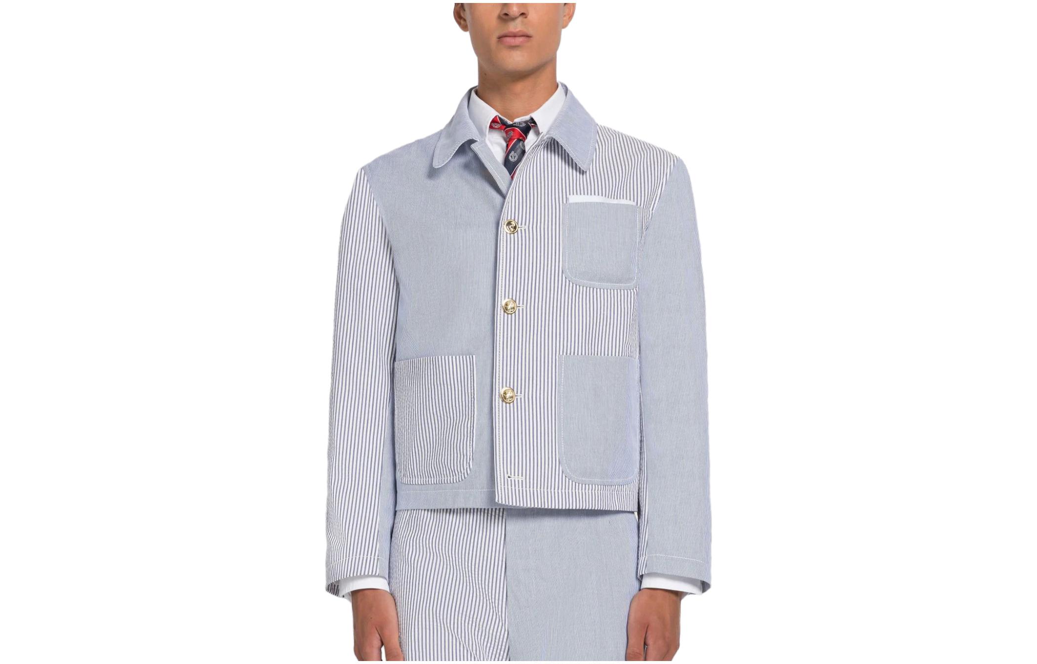 Thom Browne Striped Collar Single-Breasted Long Sleeve Jacket in Blue MJO201F-00572-415