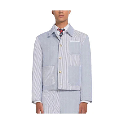 Thom Browne Striped Collar Single-Breasted Long Sleeve Jacket in Blue MJO201F-00572-415