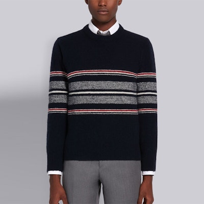 THOM BROWNE Sweater Rajut Mohair Wol Crewneck Biru Navy Pria. MKA330A-Y1502-415 Lookbook THOM BROWNE Sweater Rajut Mohair Wol Crewneck Biru Navy Pria. MKA330A-Y1502-415