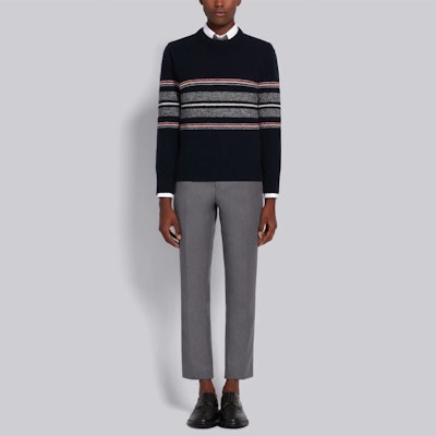 THOM BROWNE Sweater Rajut Mohair Wol Crewneck Biru Navy Pria. MKA330A-Y1502-415 Details for THOM BROWNE Sweater Rajut Mohair Wol Crewneck Biru Navy Pria. MKA330A-Y1502-415