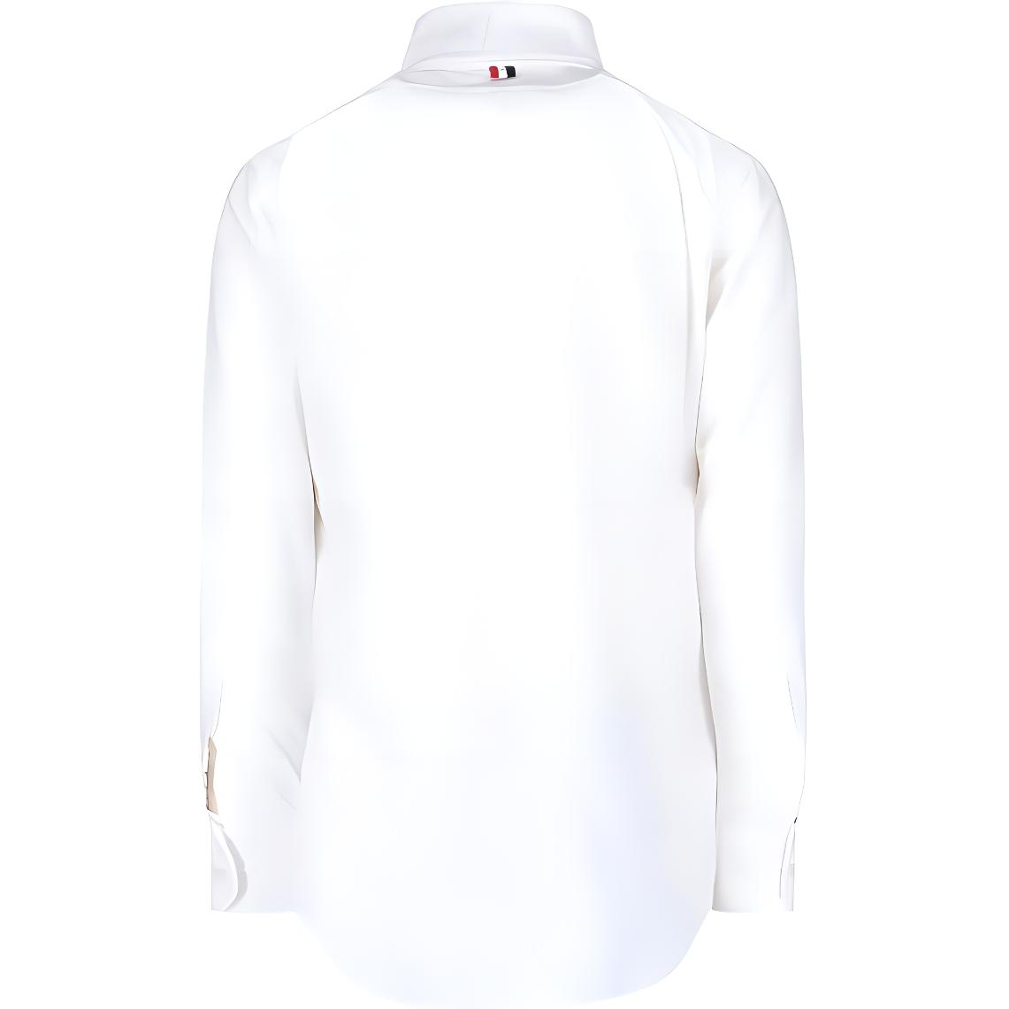 Lookbook 톰 브라운 스트라이프 포인트 칼라 싱글브레스트 화이트 긴팔 셔츠 남성. MWL010E-F0313-100