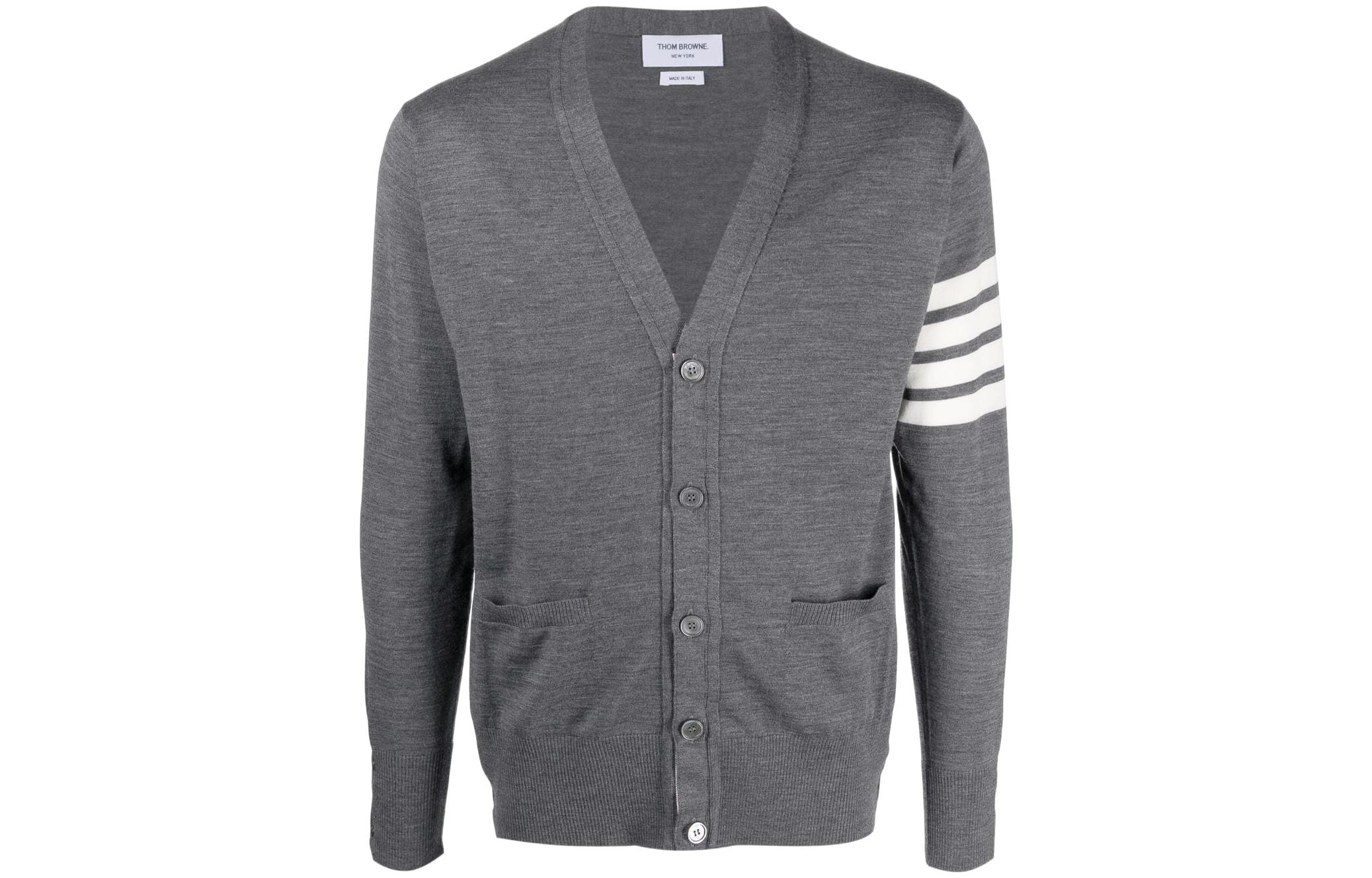 THOM BROWNE Striped Wool Button-Up Knit Cardigan Grey  Fall/Winter Sweater. MKC002A-Y1014-022