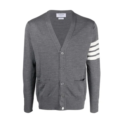 THOM BROWNE Striped Wool Button-Up Knit Cardigan Grey Fall/Winter Sweater. MKC002A-Y1014-022