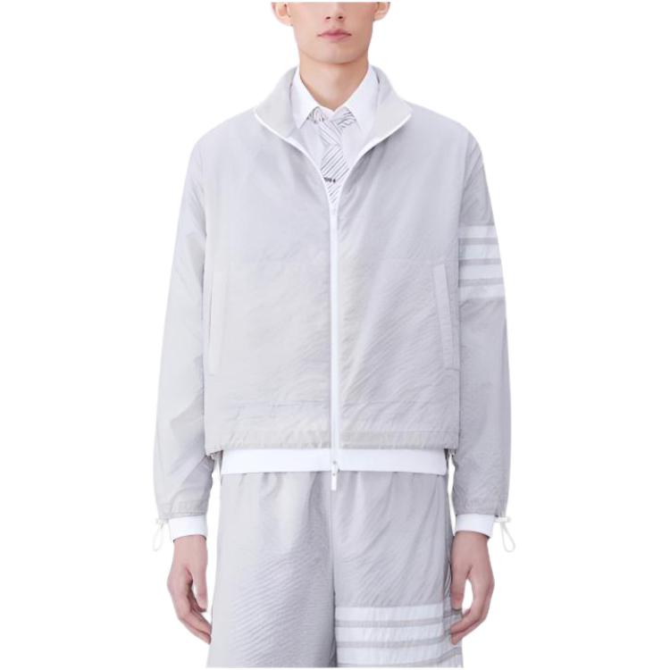 Thom Browne Striped Zip-Up Collared Jacket  Light Grey Long Sleeve MJT425A-F0517-055