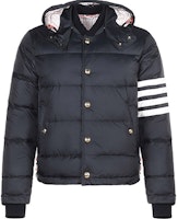 Thom Browne TB Logo Print Striped Hooded Down Jacket Navy Blue MJD061X-05411-415 Thom Browne TB Logo Print Striped Hooded Down Jacket Navy Blue MJD061X-05411-415