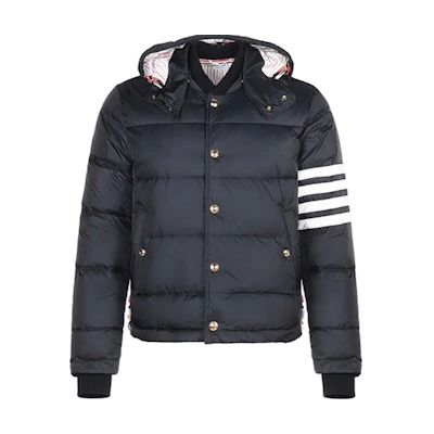 Thom Browne TB Logo Print Striped Hooded Down Jacket Navy Blue MJD061X-05411-415